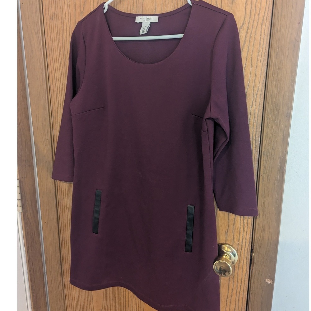 White House Black Market Plum Burgundy Faux Leather Details Shift Dress M